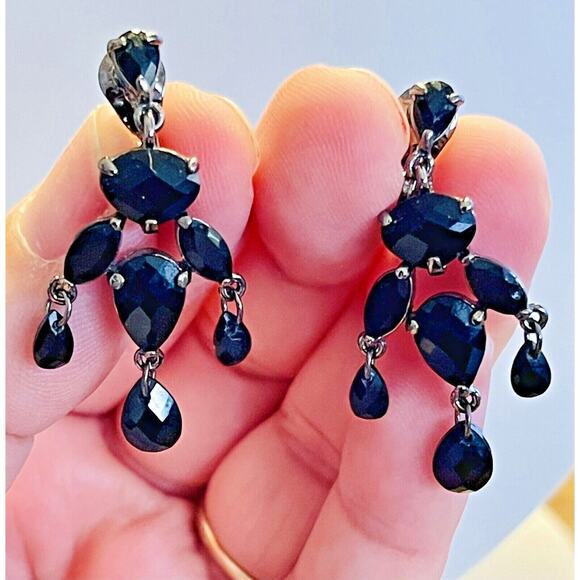 MONET Black Rhinestones Marquise Chandelier Clip Earrings Signed GORGEOUS VGUC - Picture 1 of 6